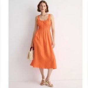 NWT J. Crew Smocked linen orange midi dress